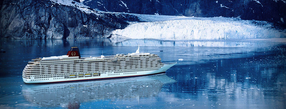 Exterior shot of ship as it passes a snow-capped glacial scene